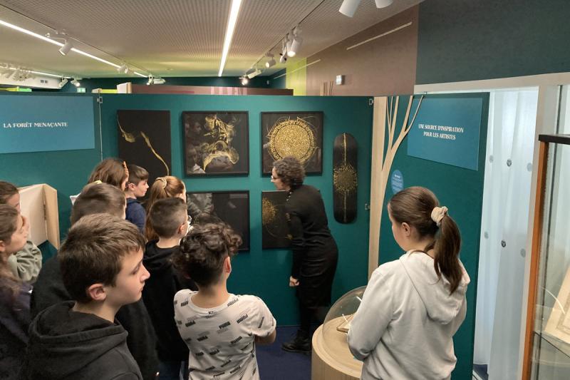 Mélanie Griffon commentant aux élèves ses œuvres présentées dans l’exposition Les Archives sortent du bois