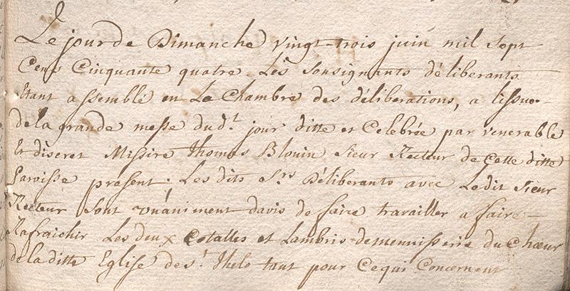 Délibération du conseil de fabrique de la paroisse de Saint-Thélo relative à la restauration des autels du choeur de l’église, 23 juin 1754. (AD 22, 20 G 602)