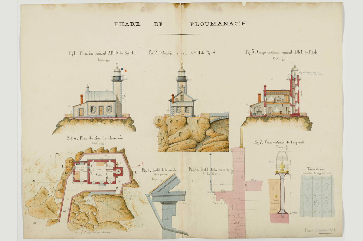 Phare de Ploumanac’h, planche aquarellée sur papier conservée dans un atlas des phares et balises, 1891 (AD22 S SUPPLÉMENT 561).