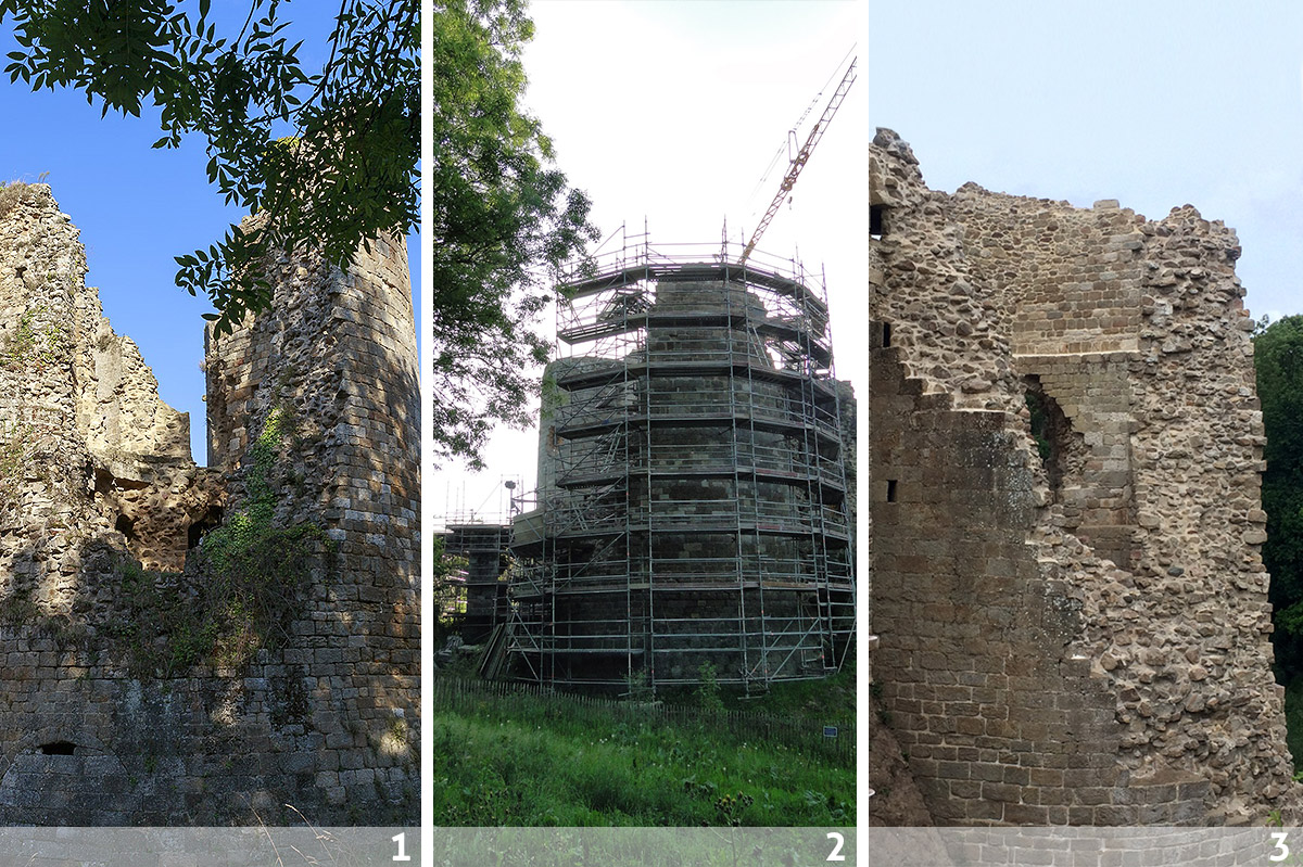 Vues de la tour sud-est du Château du Guildo avant, pendant et après travaux