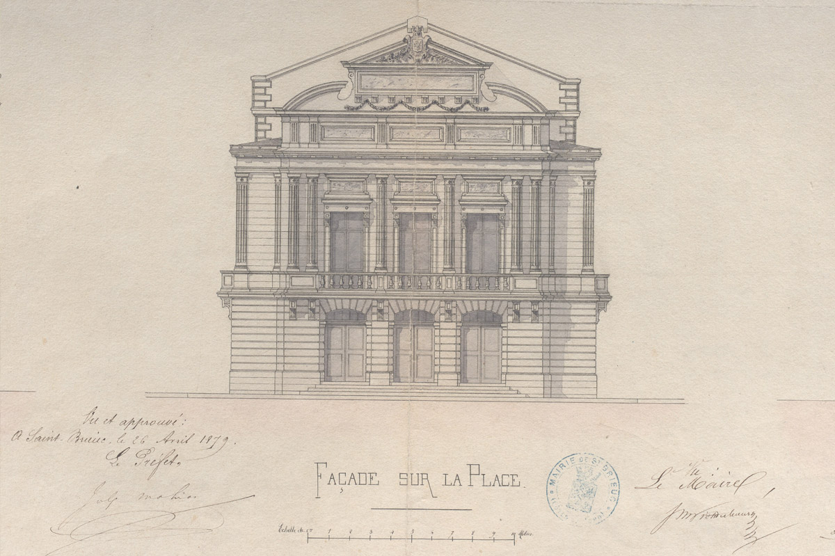 Elévation de la façade du théâtre de Saint-Brieuc, 1878-1879 - Architecte Alexandre Angier (1838-1906) (AD22, 2 O 278/41-15)