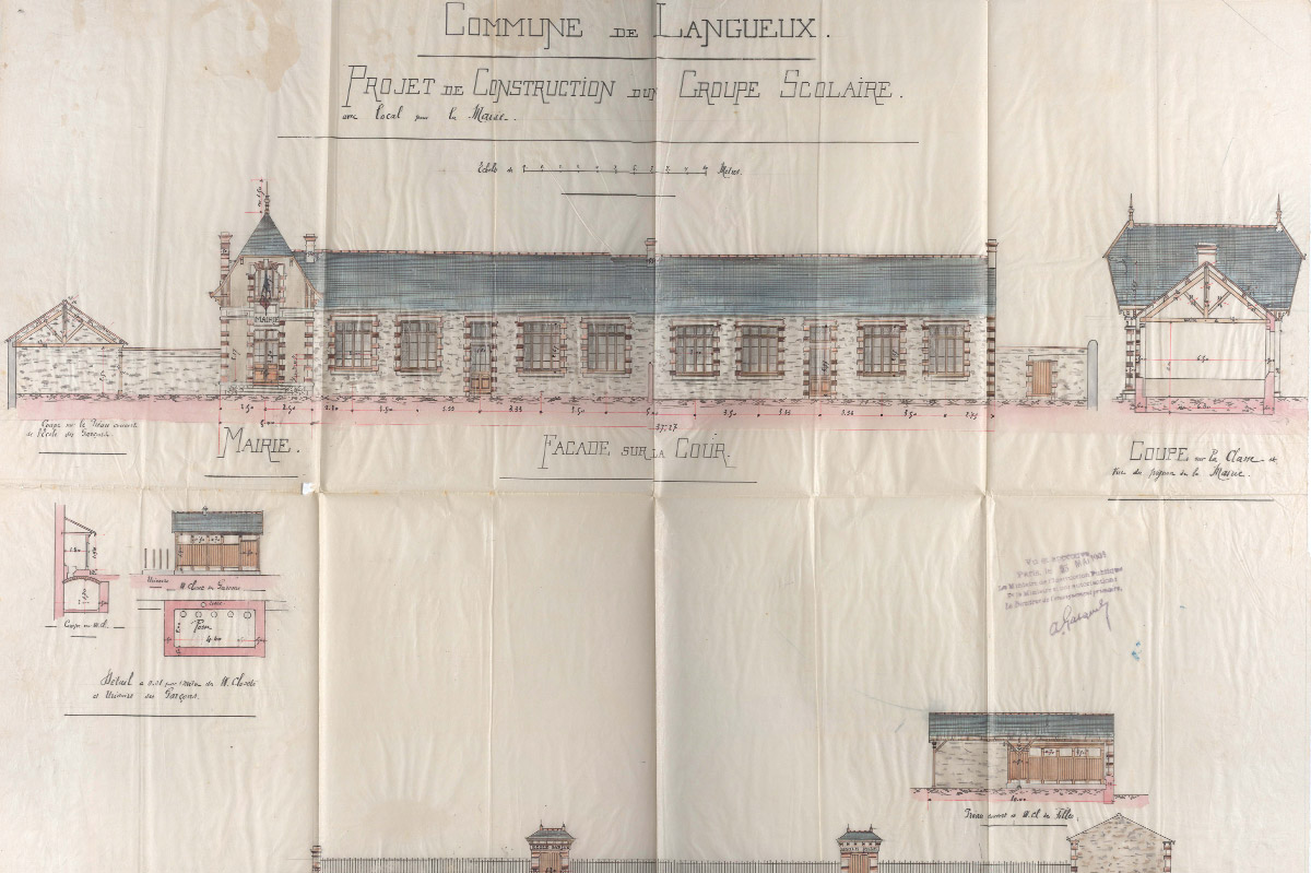 Elévation de la mairie-école de Langueux, dessin à la plume et encre et lavis sur calque, 1907 – Architecte Victor LE GUEN (1881-1935) (AD22, 2 O 106/1).