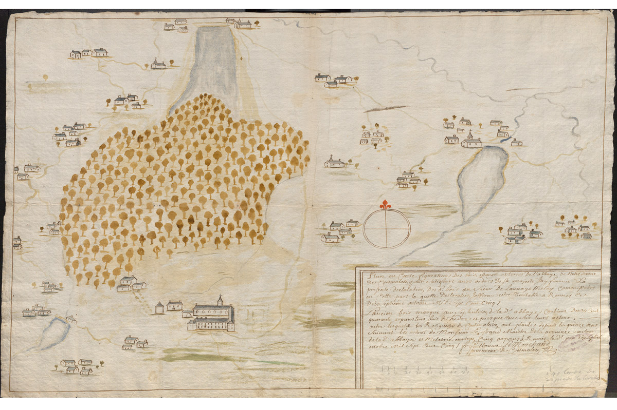 Plan ou carte figurative des bois, étangs et terres de l’abbaye Notre-Dame de Coetmalouen, dressé par ordre du roi par G. Marchand , procureur de Coetmalouën, 1705. (AD22, H 289)