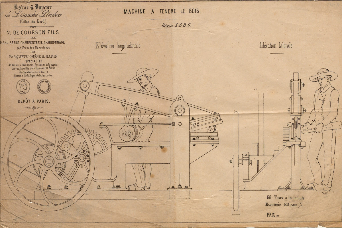 Plan d’une machine à fendre et tronçonner le bois de chauffage, dessin d’un brevet d’invention réalisé par N. de Courson fils, Plouha, 1850 (AD22, 9 M 17)