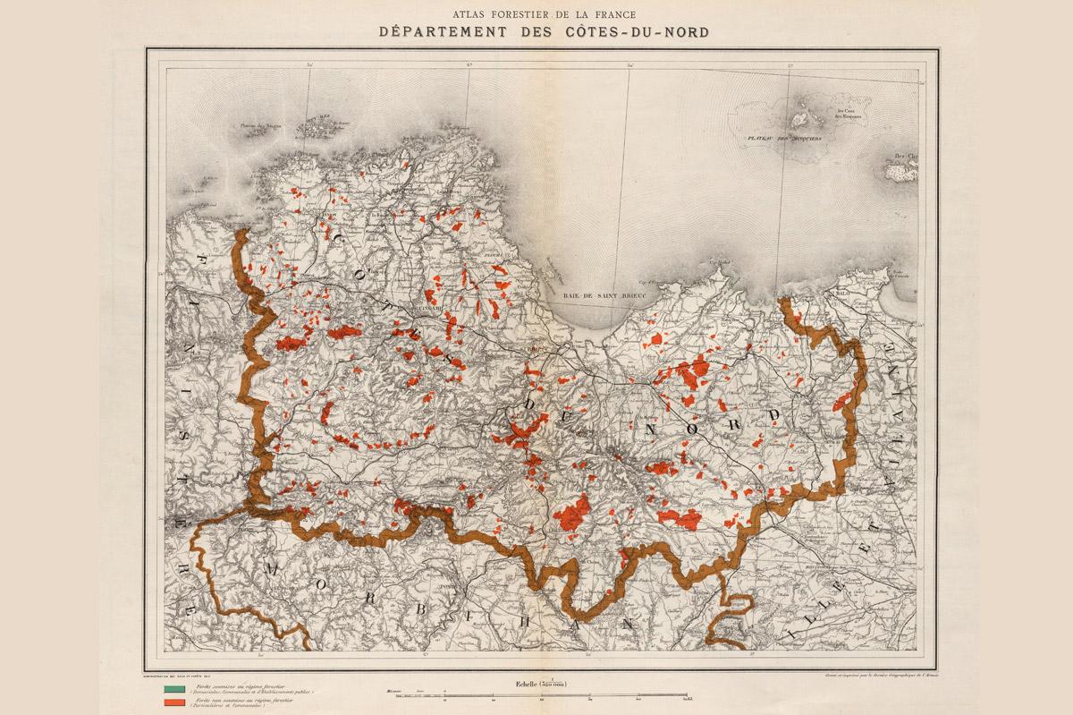 Atlas forestier de la France : département des Côtes-du-Nord, 1912 (in DAUBRÉE Lucien, statistiques et atlas des forêts de France d’après les renseignements fournis par les agents des Eaux et Forêts, Paris, 1912. (AD22, 7 bi 115)