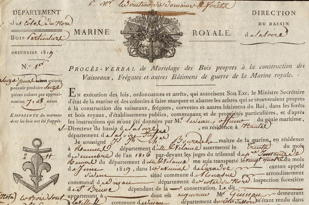 Procès verbal de martelage des bois propres à la construction des vaisseaux, frégates et autres bâtiments de guerre de la marine royale, 1819 (Ad22, 1Q2/414)