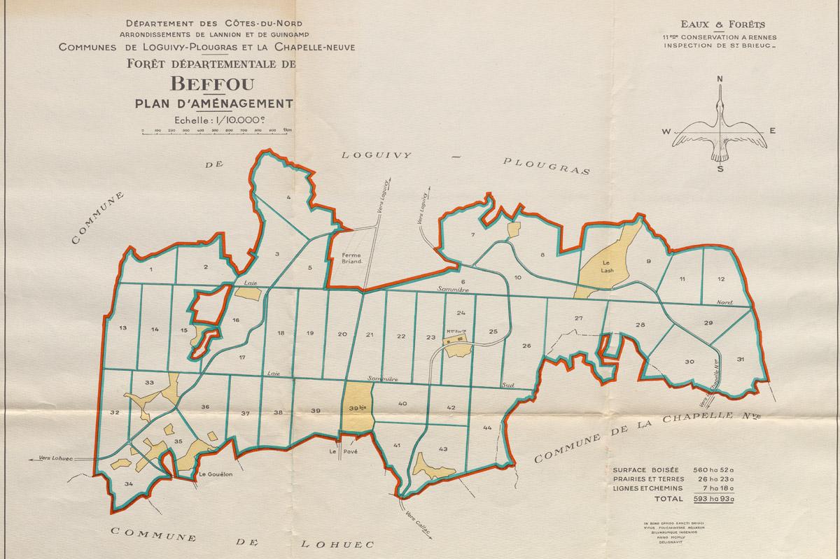 Plan d’aménagement de la forêt départementale de Beffou, 1955 (AD22, 72 W 84)