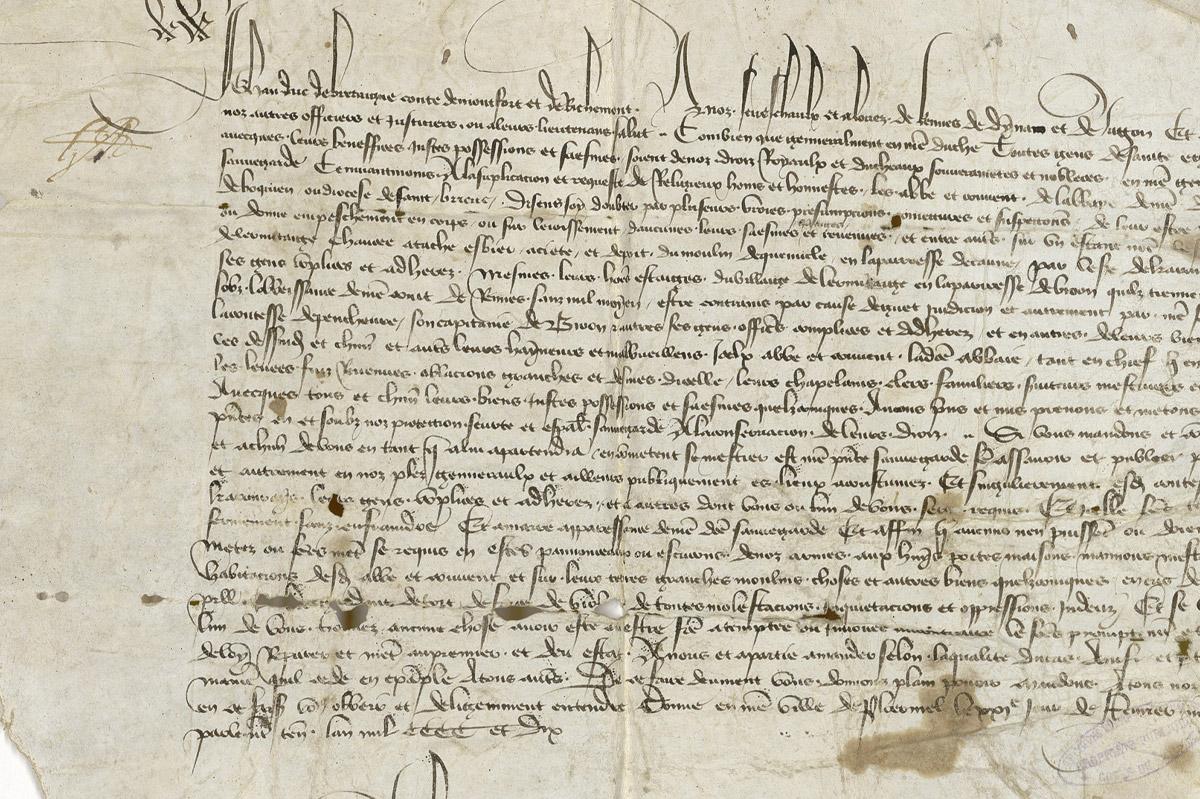 Abbaye Notre-Dame de Boquen. Droits et exemptions accordés à l'abbaye, dotations. Actes des ducs de Bretagne concernant la forêt, les étangs, 1410. (AD22, H 211)