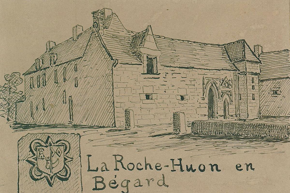 Manoir de La Roche-Huon en Trézélan (Bégard), dessin d'Henri Frotier de La Messelière. (AD22, 60 J 228)