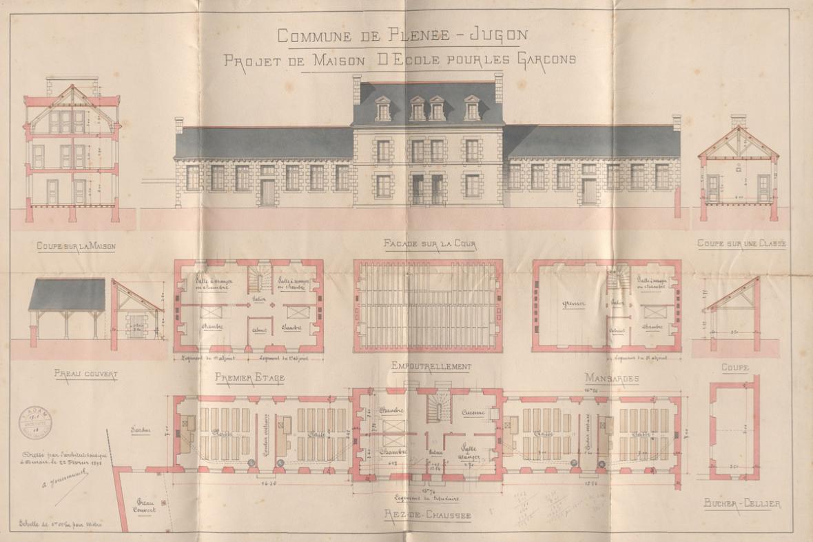 Plan de l’école de garçons de Plénée-Jugon par l’architecte Alphonse Jousseaume, 1899. (AD22, 2 O 185/2) Plan de l’école de garçons de Plénée-Jugon par l’architecte Alphonse Jousseaume, 1899. (AD22, 2 O 185/2)