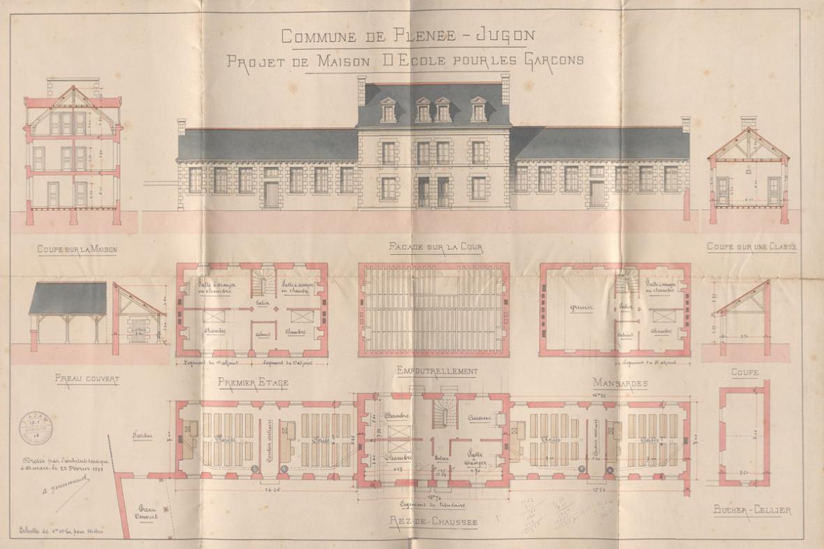 Plan de l’école de garçons de Plénée-Jugon par l’architecte Alphonse Jousseaume, 1899. (AD22, 2 O 185/2)