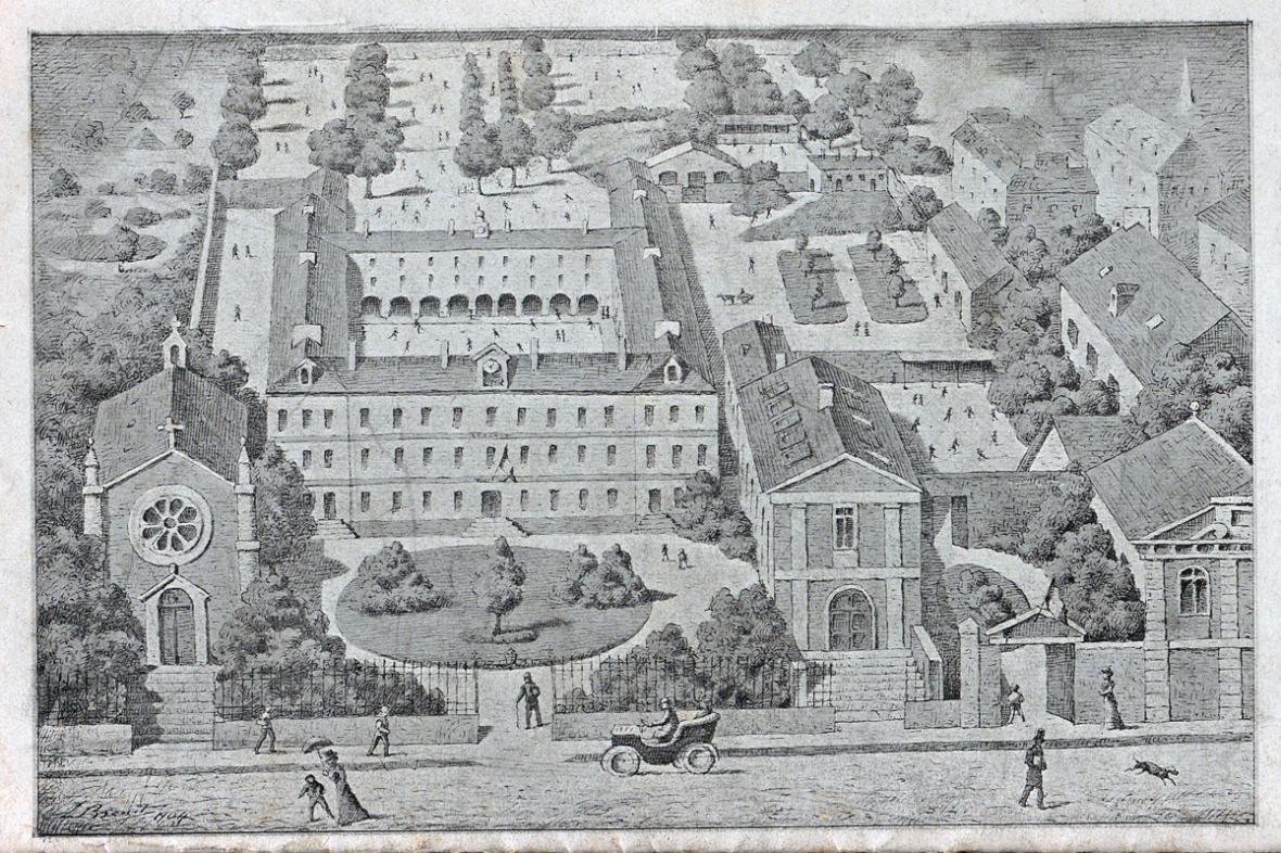 Vue cavalière du lycée Anatole Le Braz à Saint-Brieuc par Léon Brandt, professeur de dessin en 1904 (AD22, 1 T 1116) Vue cavalière du lycée Anatole Le Braz à Saint-Brieuc par Léon Brandt, professeur de dessin en 1904 (AD22, 1 T 1116)