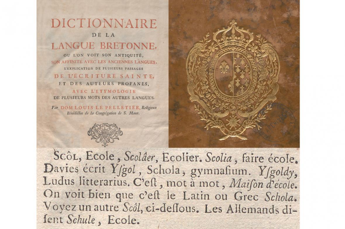 Dictionnaire de la langue bretonne par dom Louis Le Pelletier, Paris, François Delaguette éditeur, 1752 (page de titre, plat de la reliure, définition du mot « scôl »). (AD22 14 Bi 222).