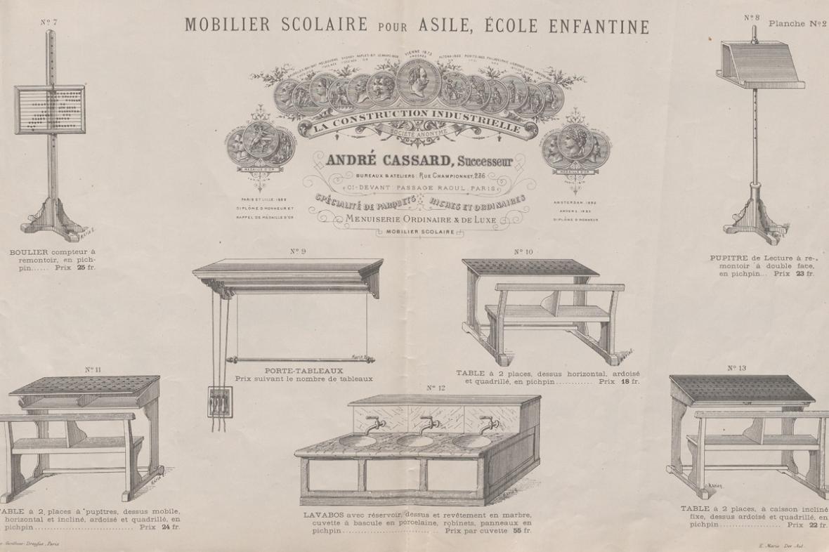 Catalogue de mobilier scolaire pour asiles, écoles primaires, lycées, écoles normales, écoles professionnelles, André Cassard 236 rue Championnet à Paris, imprimerie Gonthier-dreyfus, Paris, vers 1885/1890 (AD22, 1 T 53)