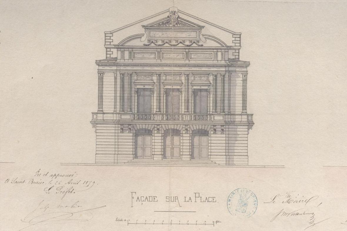 Elévation de la façade du théâtre de Saint-Brieuc, 1878-1879 - Architecte Alexandre Angier (1838-1906) (AD22, 2 O 278/41-15) Elévation de la façade du théâtre de Saint-Brieuc, 1878-1879 - Architecte Alexandre Angier (1838-1906) (AD22, 2 O 278/41-15)