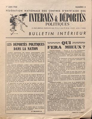 Bulletin de la Fédération nationale des centres d'entraide des internés et déportés politiques, 1er juin 1945 (AD22, 5 W 109) Bulletin de la Fédération nationale des centres d'entraide des internés et déportés politiques, 1er juin 1945 (AD22, 5 W 109)