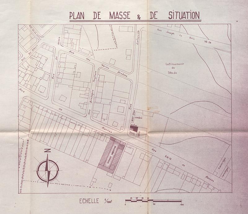 Plan de masse et de situation du garage moderne à Saint-Brieuc, vers 1960 (AD22, 1473 W 19)