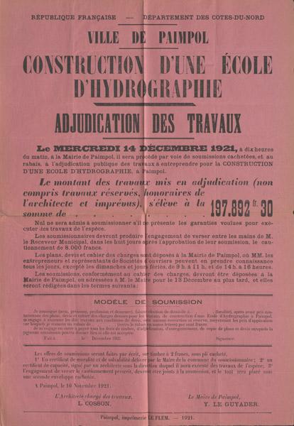 Affiche annonçant la construction d’une école d’hydrographie à Paimpol, 1921 (2 O 162/5)