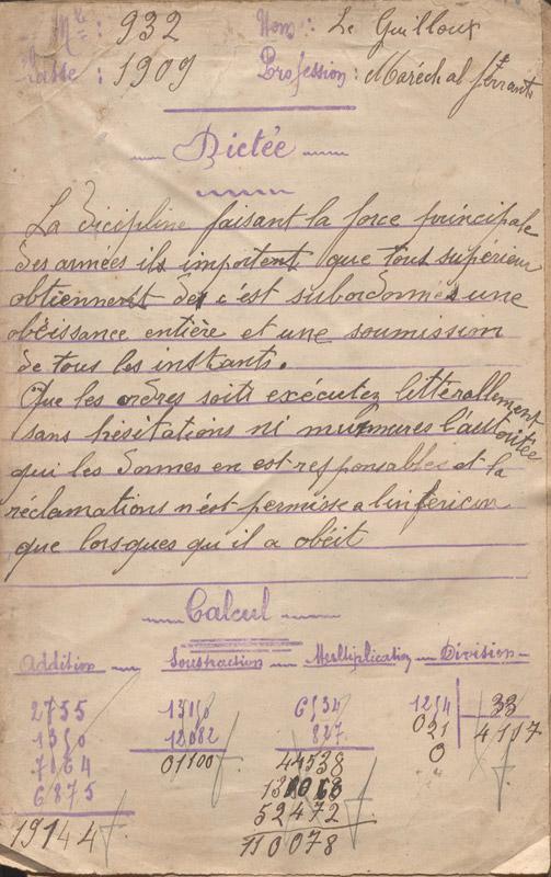 Épreuve de dictée et de calcul réalisée au moment du recrutement militaire par Alexandre Le Guilloux, 1909 (AD22, 1 R 1373)