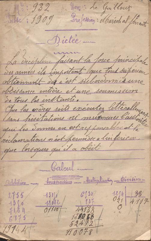 Épreuve de dictée et de calcul réalisée au moment du recrutement militaire par Alexandre Le Guilloux, 1909 (AD22, 1 R 1373)