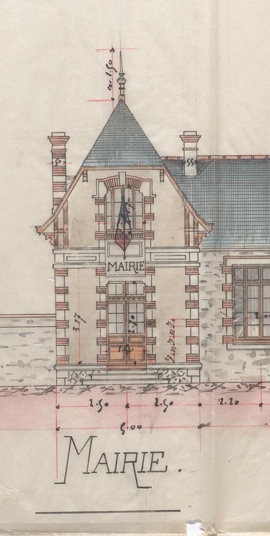Détail du premier projet de l’élévation de la mairie-école de Langueux, encre et lavis sur calque, 1907 – Architecte Victor LE GUEN (1881-1935) (AD22, 2 O 106/1). Détail du premier projet de l’élévation de la mairie-école de Langueux, encre et lavis sur calque, 1907 – Architecte Victor LE GUEN (1881-1935) (AD22, 2 O 106/1).